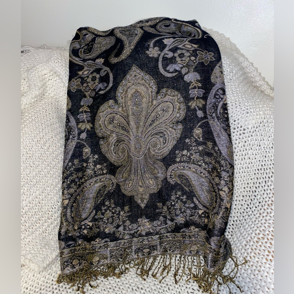 $15 sale Womens Pashmina & Silk Fringed Shawl Scarf Brown Black White Gold